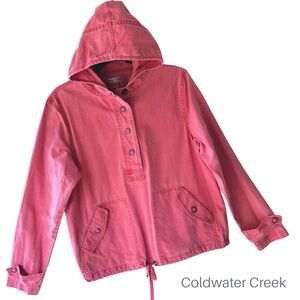 COLDWATER CREEK NWOT WASHED RED COTTON CANVAS HALF SNAP JACKET HOODIE | MEDIUM